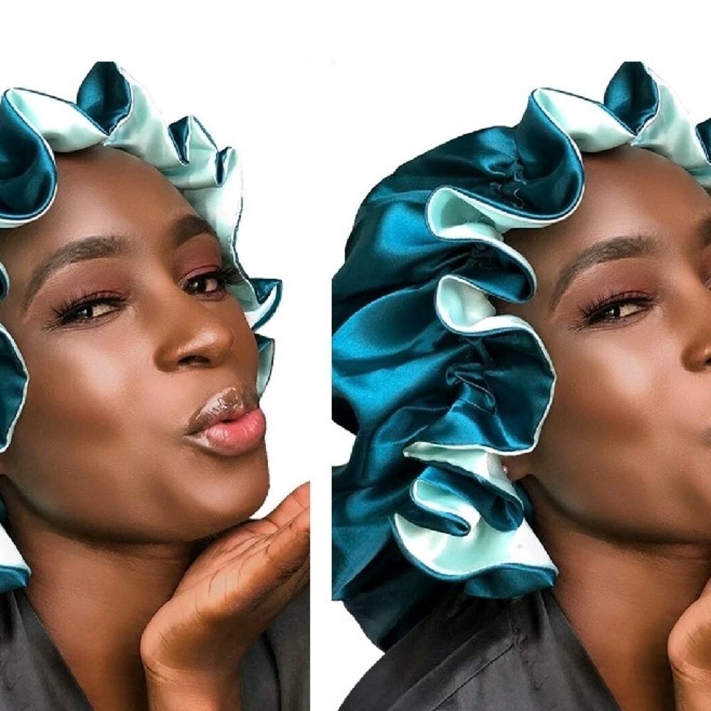 Satin Teal and White Hair Bonnet